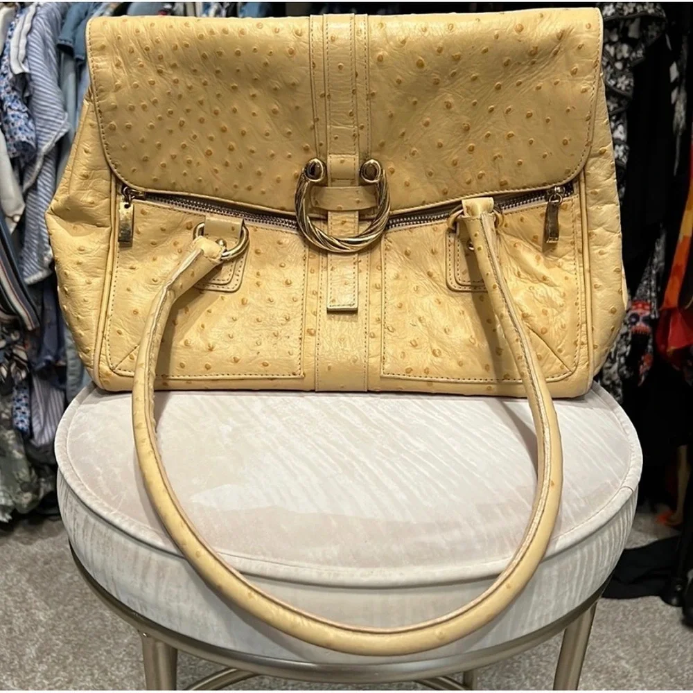 Ostrich Embossed Leather Top Handle Satchel Bag Work Travel‎ Chic